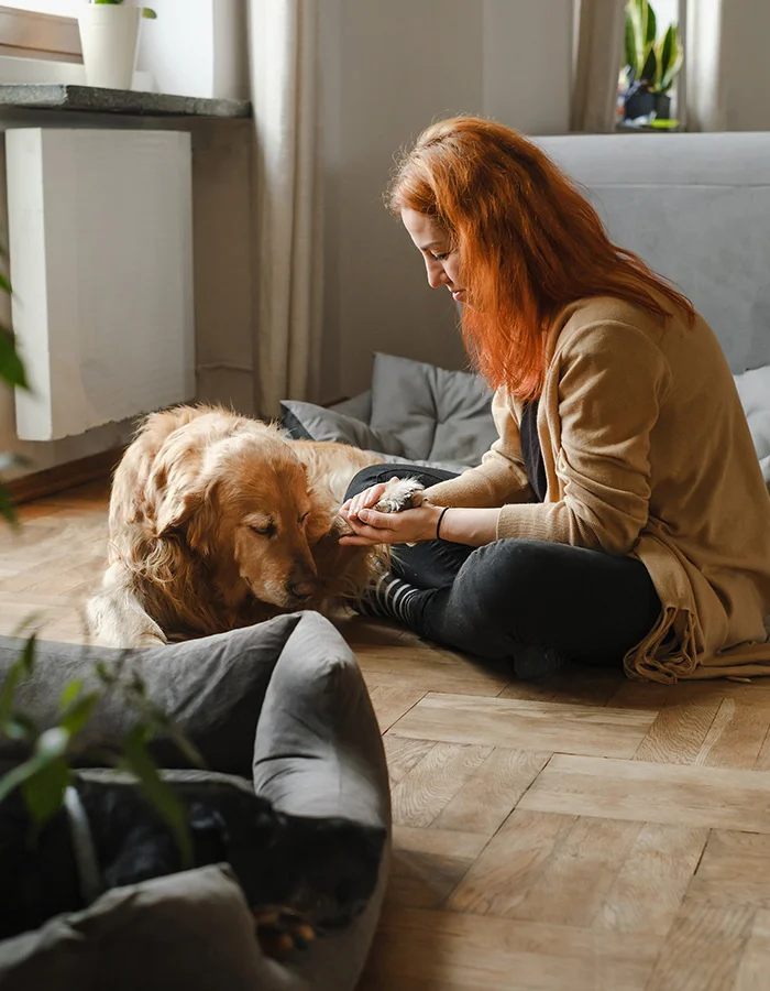 woman-sitting-with-elderly-dog A woman and her elderly dog sit on the floor together